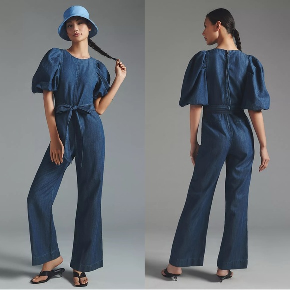 SOLD | En Saison Women’s Sere Denim Jumpsuit Puff Sleeve Belted Wide Leg Medium - Picture 1 of 16